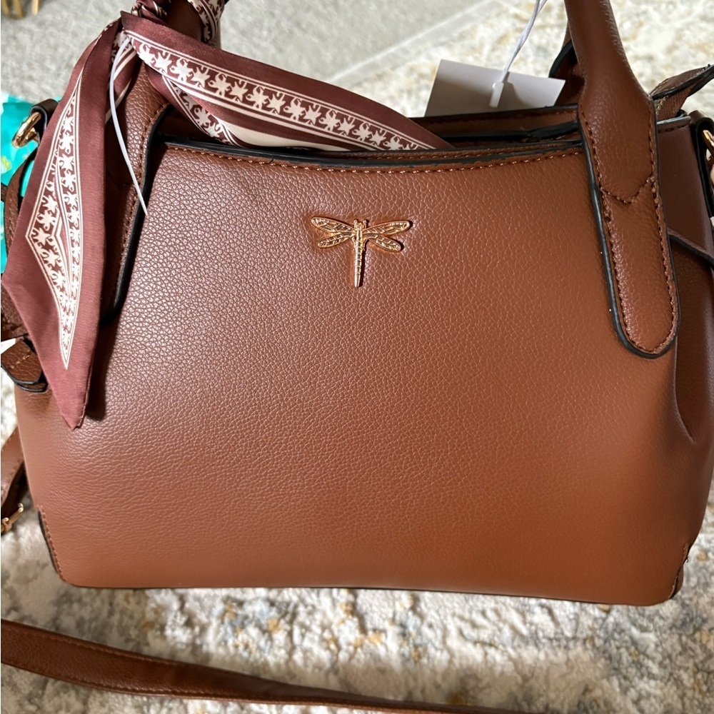 Classic Brown Pebbled Satchel with Scarf Accent